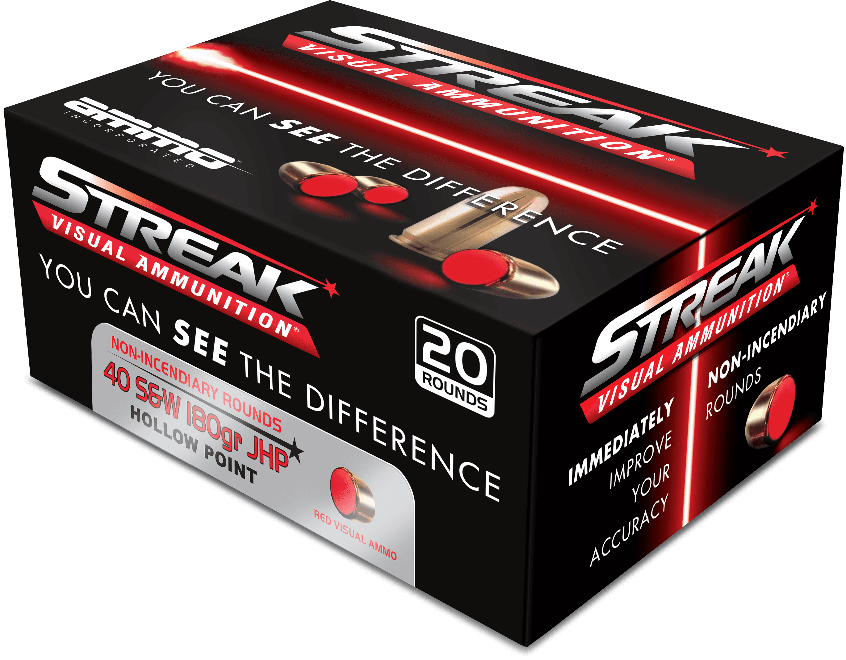 Ammo Inc 40180JHPSTRKRED Streak Visual (RED) 40S&W 180gr Jacketed Hollow Point 20 Per Box/10 Case