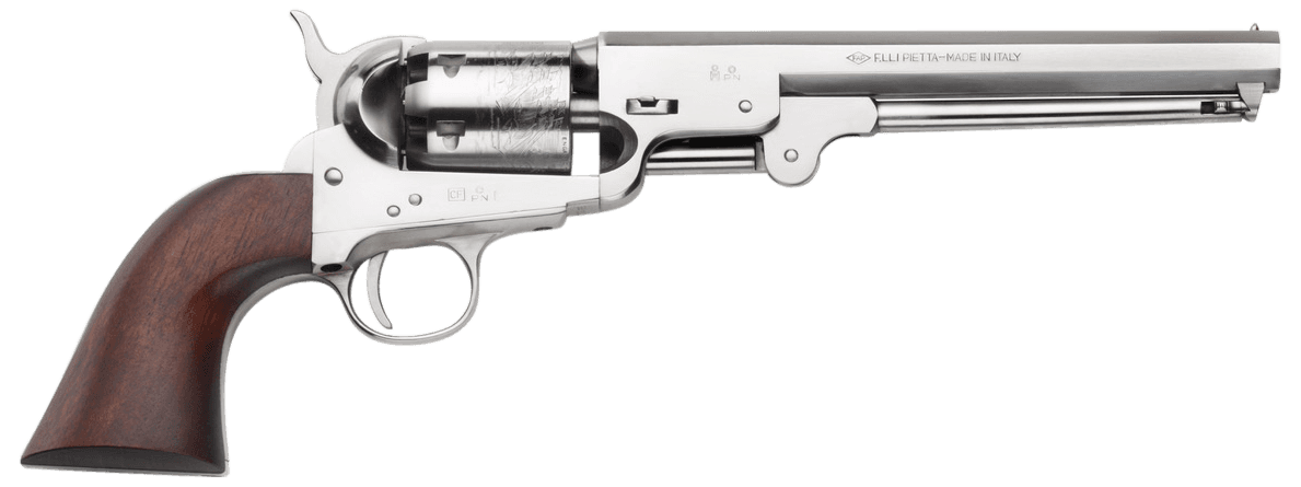 Pietta PF51OS36712 1851 Navy "Old Silver" 36 Cal 7.50" 6rd Old Silver Frame, & Octagon Barrel, Walnut Grip