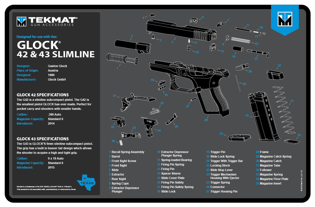 TekMat TEKR17GLOCK4243BL Glock 42/43 Cleaning Mat Black/Blue/White Rubber 11" x 17"
