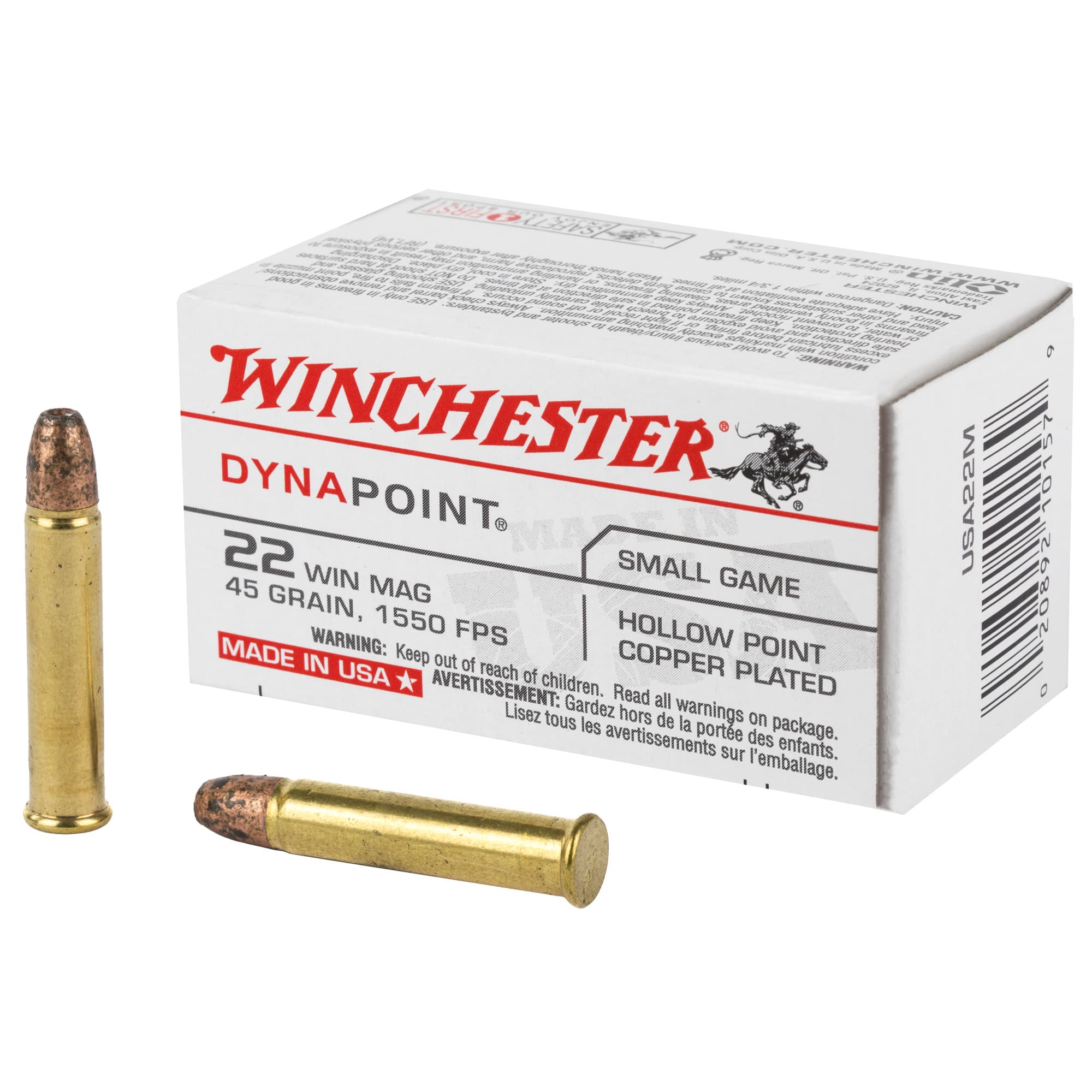 Winchester, Dynapoint, 22 WMR, Copper Plated Hollow Point, 45 Grain, 50 Rounds