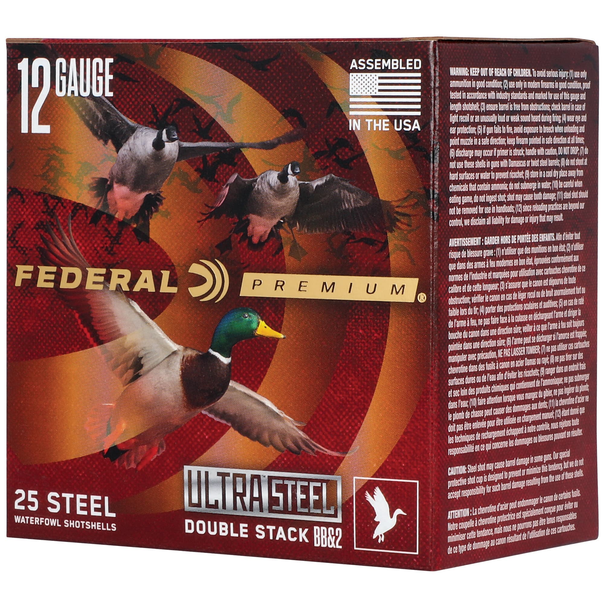 Federal Premium Ultra Steel Twelve Gauge BB and Number Two Shot One and a Quarter Ounce Twenty Five Rounds