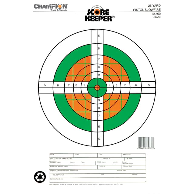 Champion Targets 45760 Score Keeper Fluorescent Orange & Green Bullseye Target, 25 Yard Pistol Slow Fire, 12 Pack