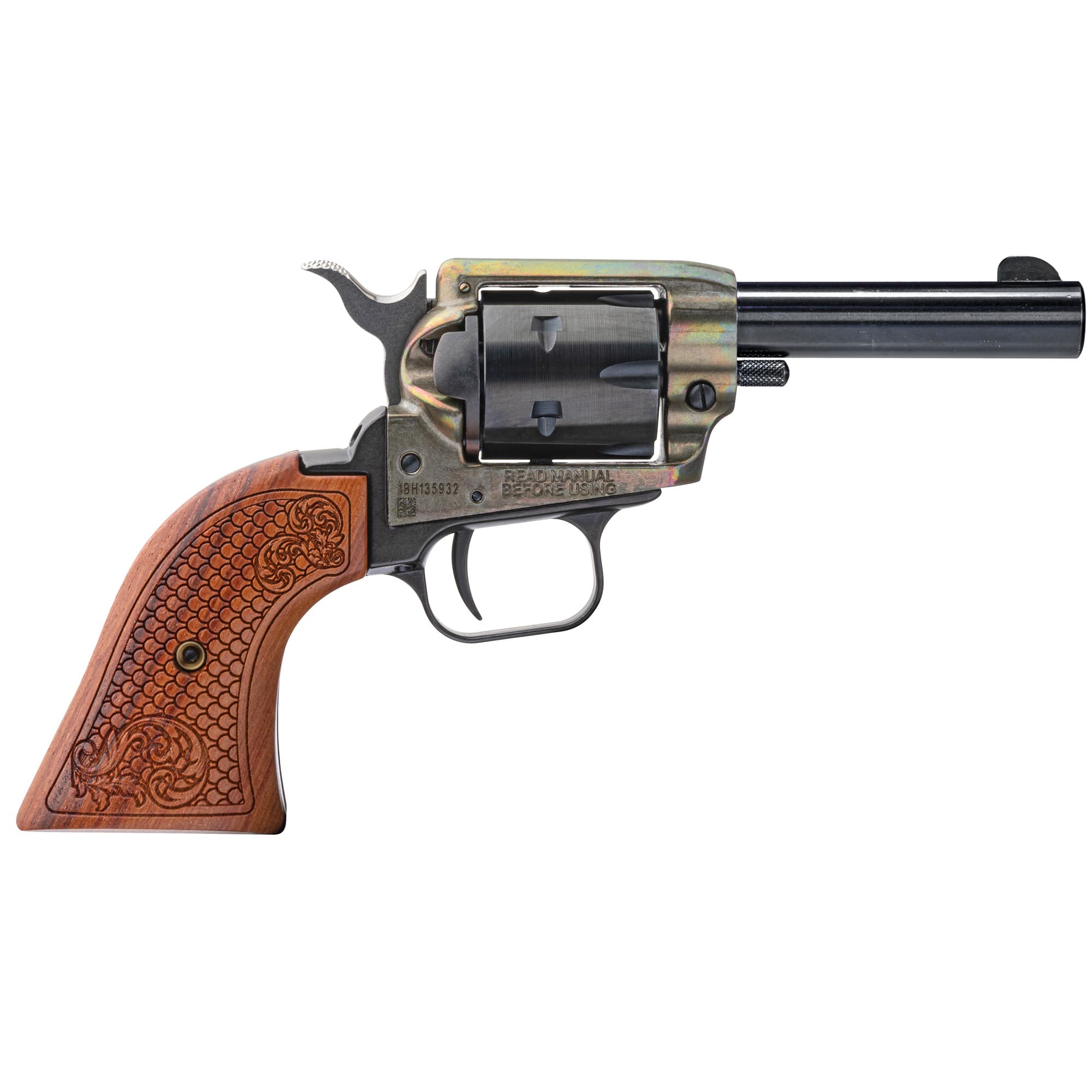 Heritage Barkeep Revolver - Simulated Case Hardened | .22 LR | 3.6" Barrel | 6rd | Custom Scroll Wood Grips