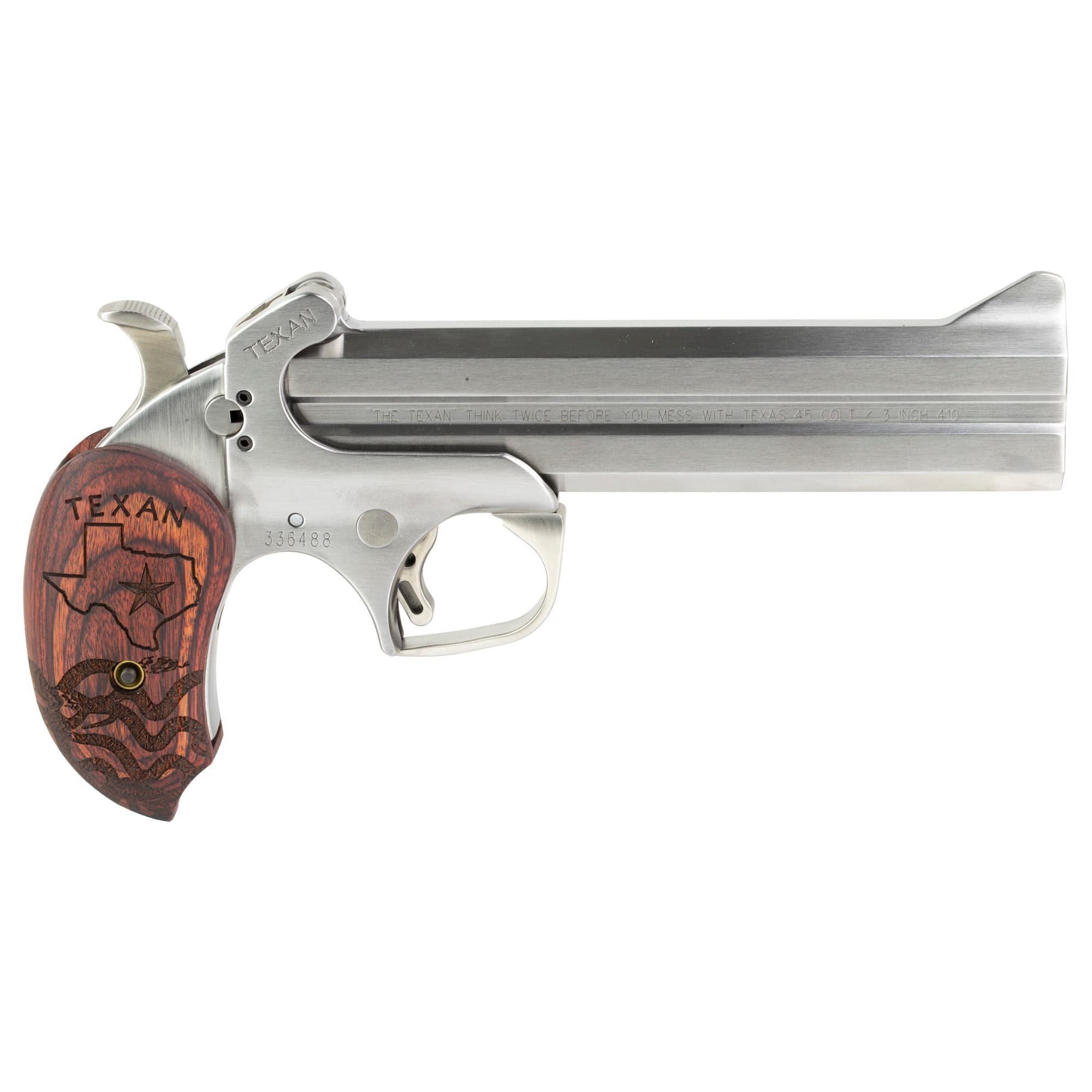 Bond Arms BATX Texan Derringer Single 45 Colt (LC)/410 Gauge 2rd, 6" Stainless Steel Double Barrel & Frame, Blade Front/Fixed Rear Sights, Custom Engraved Rosewood Grip, Manual Safety