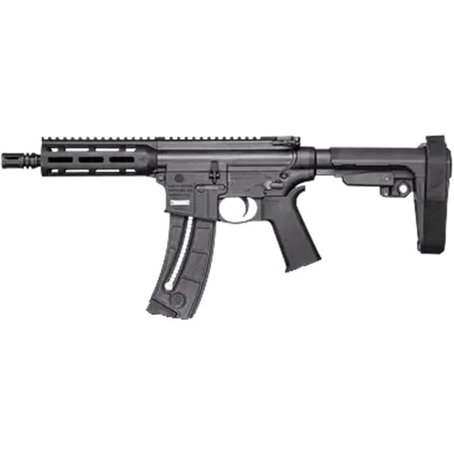 Smith & Wesson 13321 M&P15 Pistol 22 LR 8" Black Carbon Steel Barrel 25+1, Black SB Tactical SBA3 Adjustable Arm Brace Stock, Black Magpul MOE Grip, Manual Safety, Optics Ready