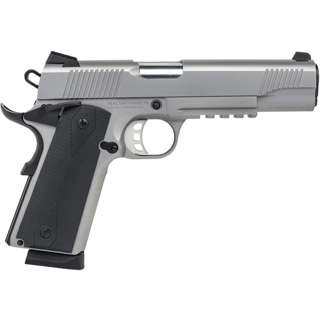 Tisas 10100533 1911 Duty 45 ACP 8+1 5" Black Steel Barrel, Stainless Serrated Slide, Satin Stainless Steel Frame w/Accessory Rail & Beavertail, Ambidextrous