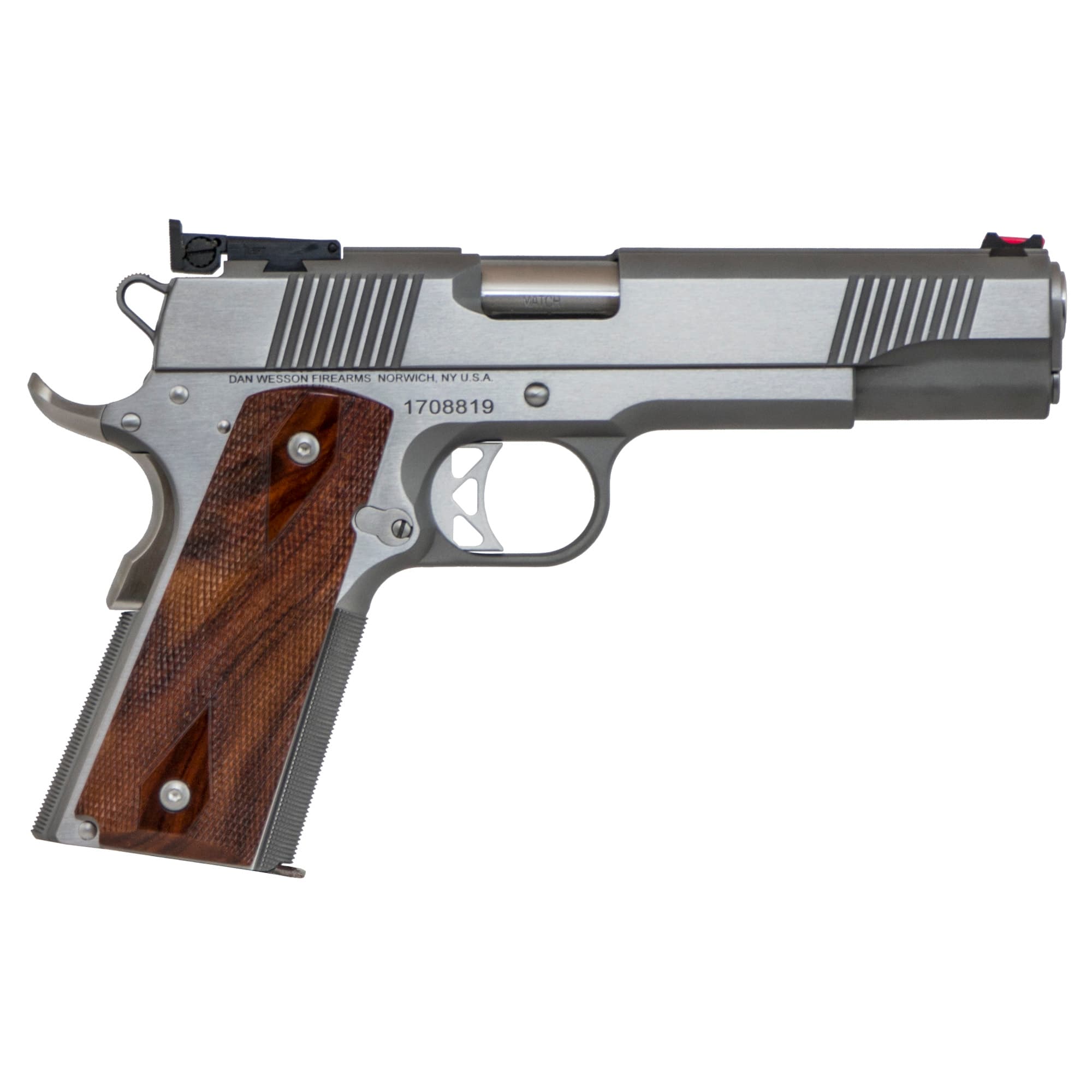 Dan Wesson 01943 Pointman 45 ACP Caliber with 5" Barrel, 8+1 Capacity, Overall Stainless Steel Finish, Beavertail Frame, Serrated Brushed Slide & Cocobolo Grip
