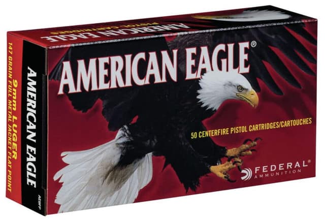 Federal American Eagle Pistol 9mm Luger Full Metal Jacket Flat Point 147 Grain 50 Rounds