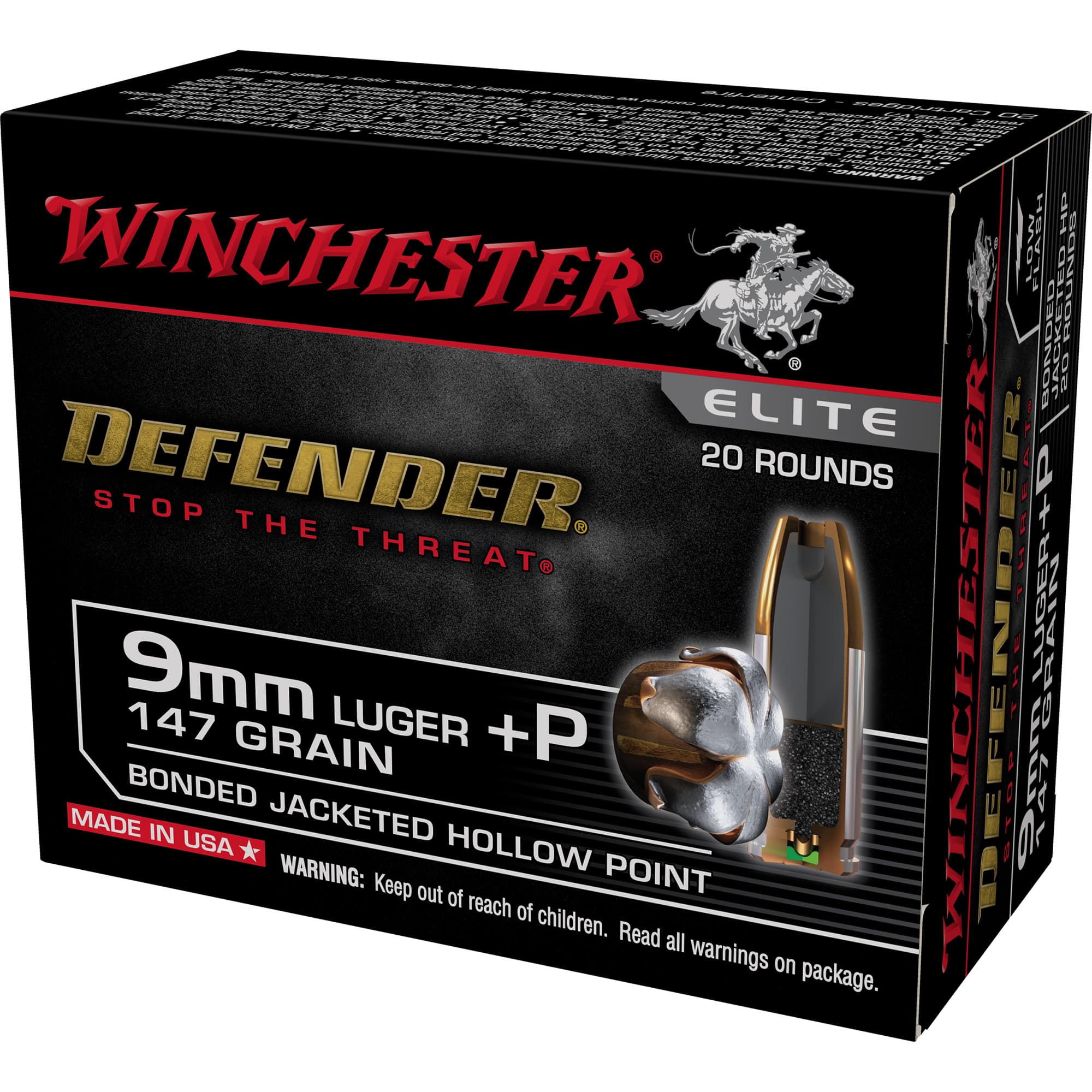 Winchester Defender 9mm Luger Bonded Jacket Hollow Point 147 Grain 20 Rounds