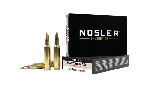 Nosler, Match Grade, 22 Nosler, Hollow Point Boat Tail, 77 Grain, 20 Rounds
