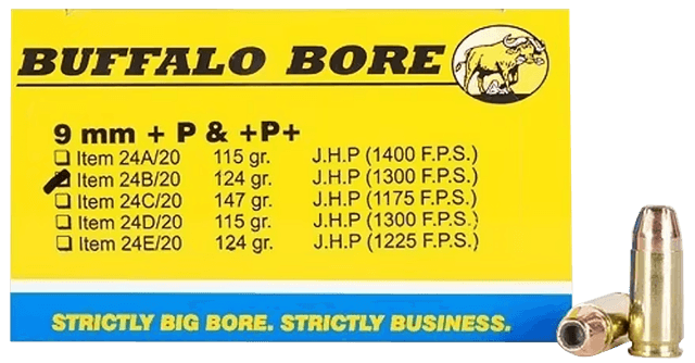 Buffalo Bore Ammunition 24B20 Personal Defense Strictly Business 9mmLuger +P+ 124gr Jacket Hollow Point 20 Rounds