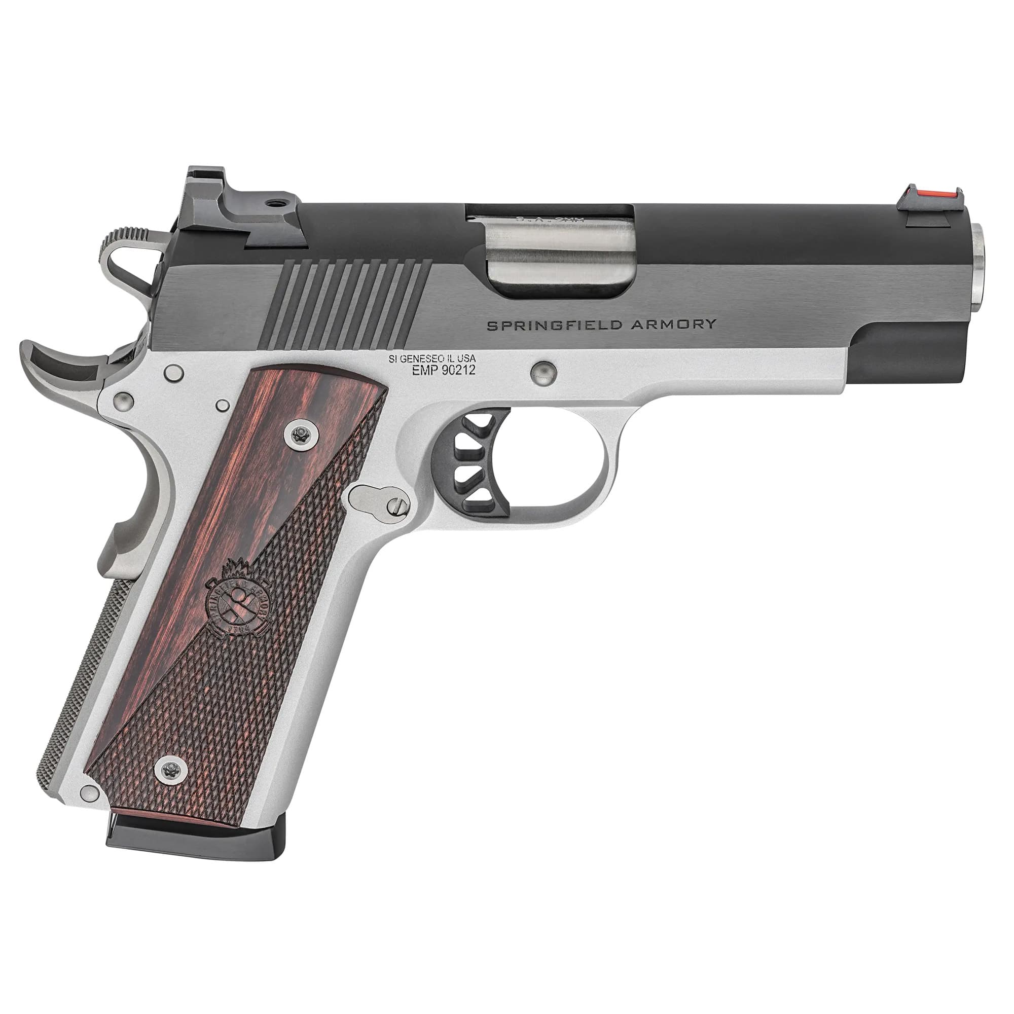 Springfield Armory PX9124L 1911 Ronin EMP 9mm Luger 10+1, 4" Stainless Match Grade Bull Steel Barrel, Blued Serrated Carbon Steel Slide, Satin Cerakote Aluminum Frame w/Beavertail, Textured Wood Grip