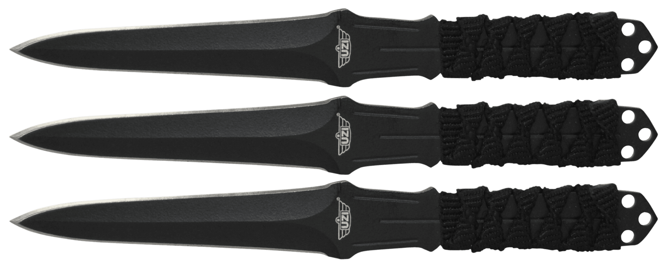 Uzi Accessories UZKTRW003 Throwing Knives 3" Fixed Straight Back Plain Black Stainless Steel Blade Black Nylon Cord Wrapped Handle