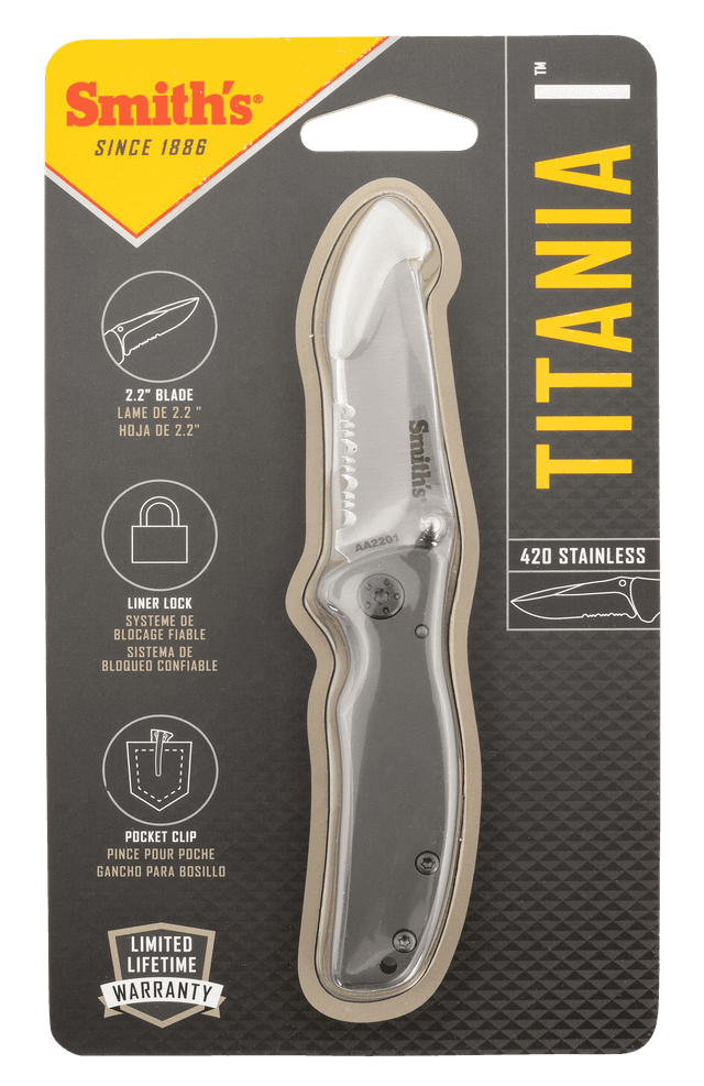 Smiths Products 51007 Titania I 2.20" Folding Drop Point Part Serrated Satin Titanium Coated Stainless Steel Blade/ Stainless Steel Handle Includes Pocket Clip