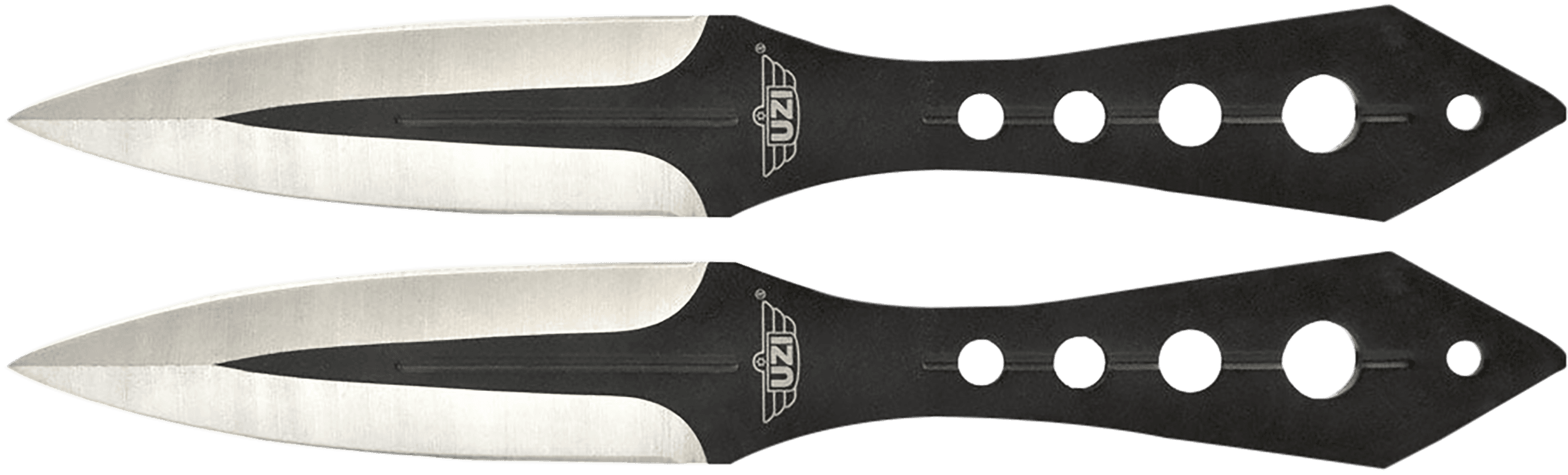 Uzi Accessories UZKTRWTZP Throwing Knives Two Fixed Plain Black/Silver Stainless Steel Blade, Black Stainless Steel Handle, Includes Nylon Holster
