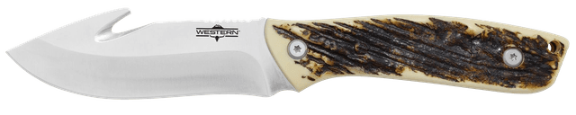 Camillus 19247 Western Crosstrail 4.25" Fixed Gut Hook Plain Silver 420 Steel Titanium Bonded Blade, Stag/Antler Delrin Handle, Includes Belt Loop/Sheath