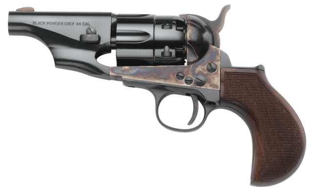 Taylors & Company 200017 1860 Army Snub Nose Break Open 44 Cal Striker Fire 3" 6 Shot Color Case Hardened Frame Blued Barrel & Cylinder Walnut Grip