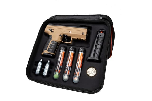 Byrna Technologies SK68300TANKINETIC SD Kinetic Kit CO2 .68 Cal 5rd, Tan Polymer, Black Rubber Honeycomb Grip, C02 & 15 Projectiles Included