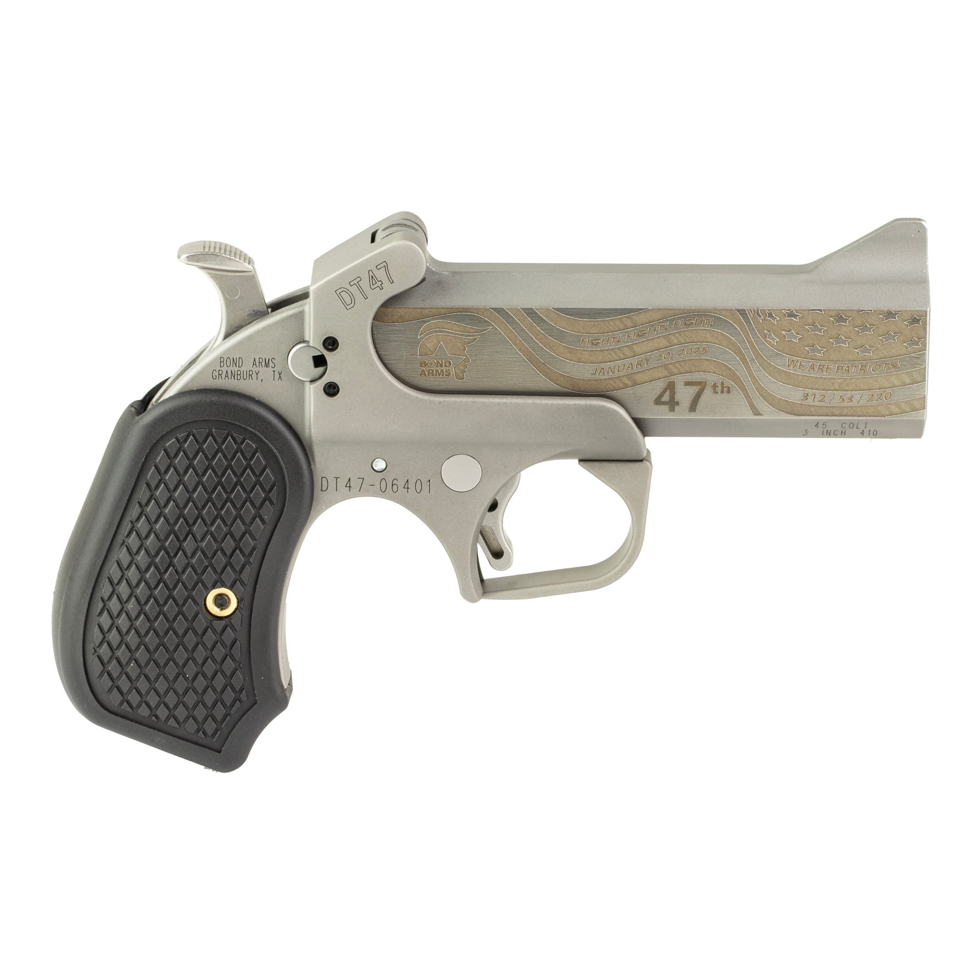 Bond Arms DT47-45/410 DT-47 Trump 47th President 45 Colt (Long Colt)/.410 2 Shot4.25" Stainless w/Gold Engraving Double Barrel, Stainless Steel Frame, Black Extended B6 Resin Grips