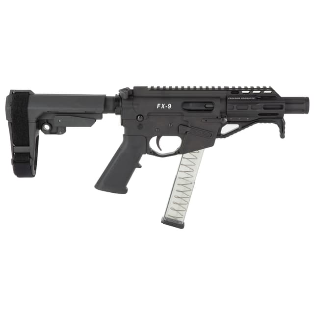 Freedom Ordnance FX9P4S FX-9 9mm Luger 31+1 4" Black Nitride Barrel w/Faux Suppressor, Black Hard Coat Anodized Aluminum Receiver, SB Tactical SBA3 Pistol Brace Stock, Black Polymer Grip
