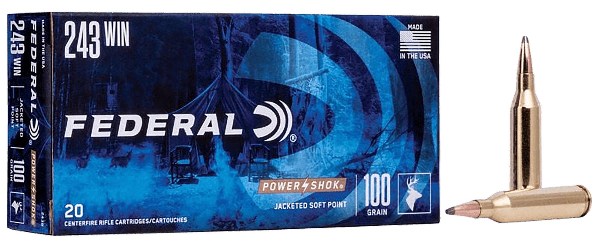 Federal, Power Shok, 243 Winchester, Jacketed Soft Point, 100 Grain, 20 Rounds
