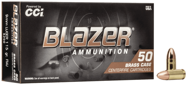 CCI Blazer Brass Pistol Ammo 9mm Luger 115 gr. FMJ Round Nose 50 rd.